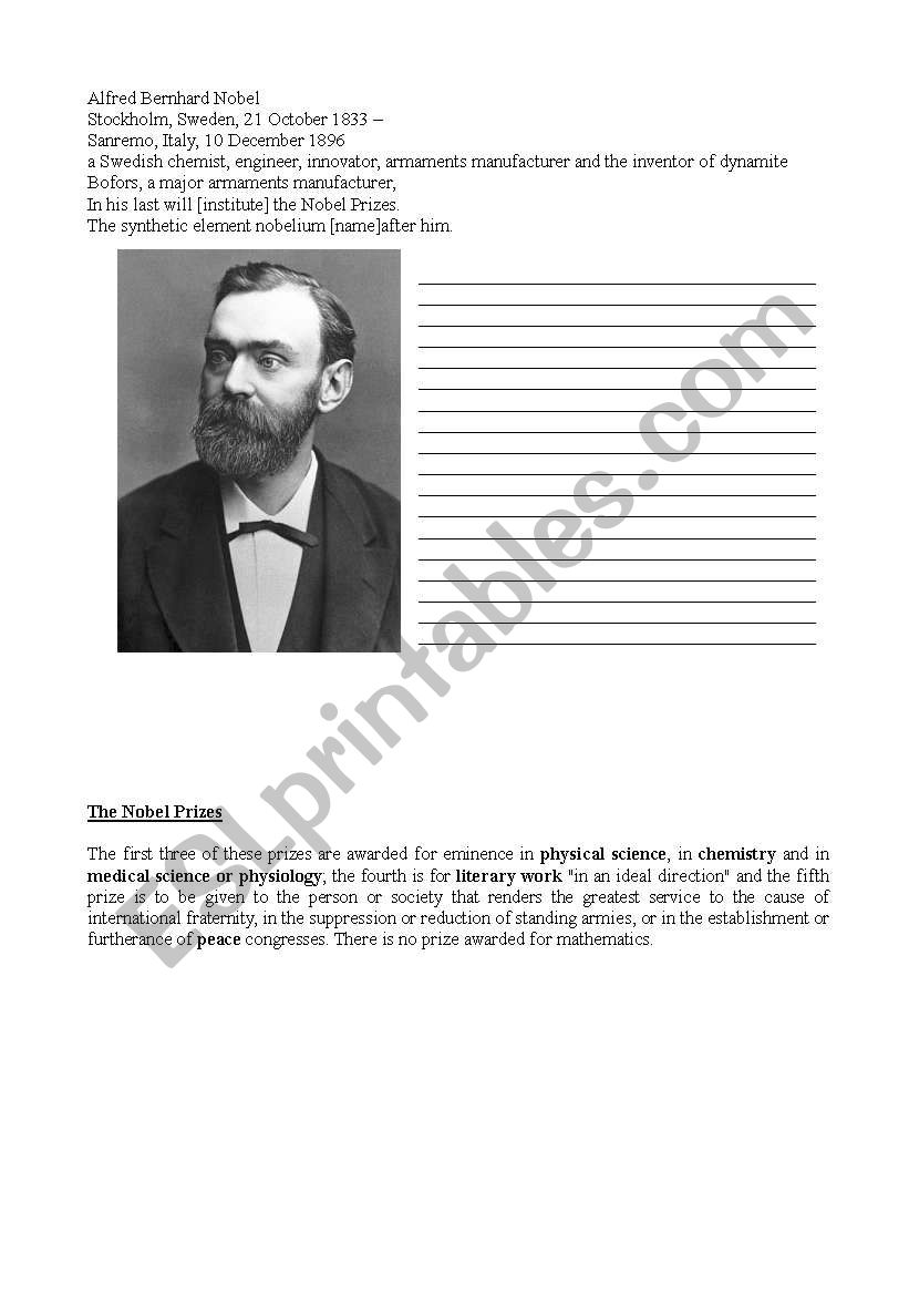 A biography of Alfred Nobel worksheet
