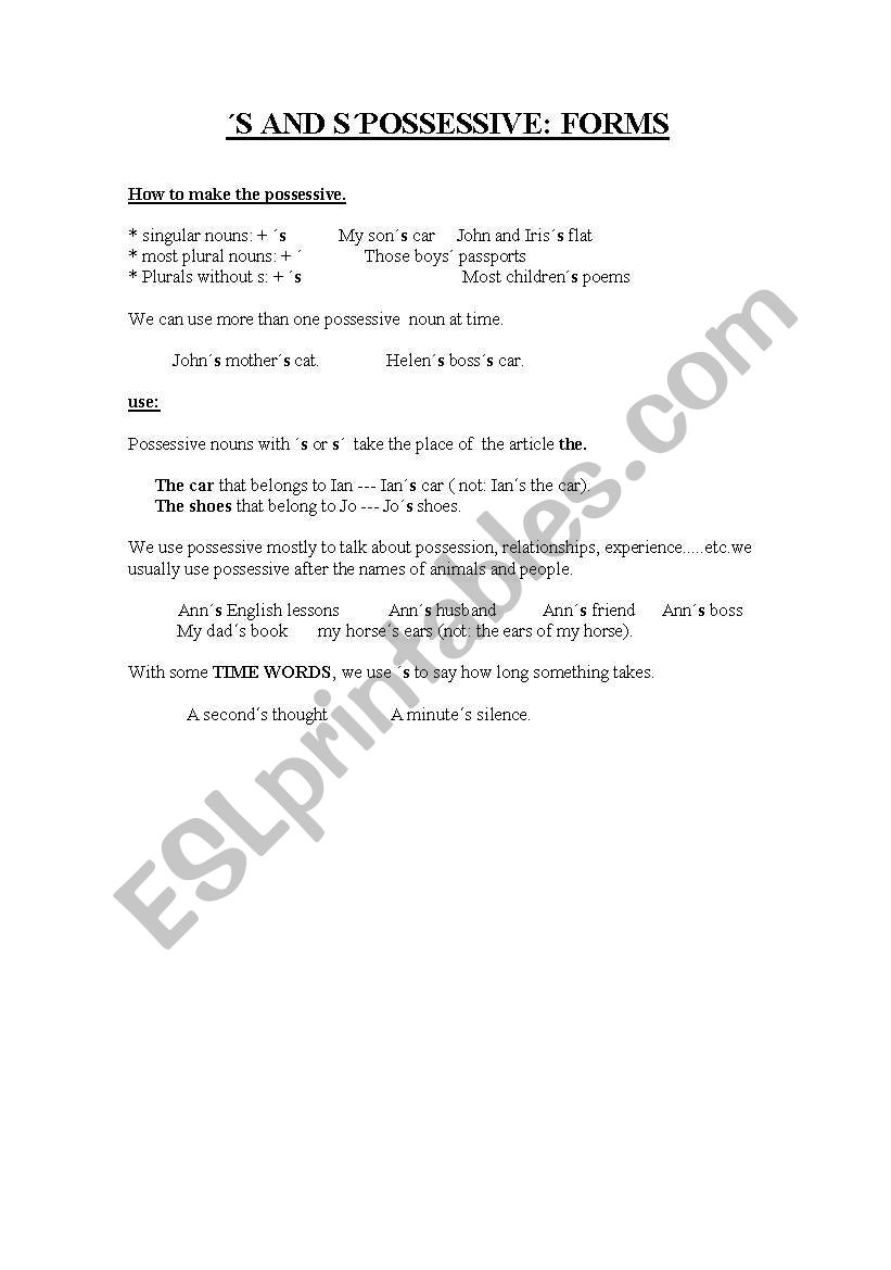 possessive s and s worksheet