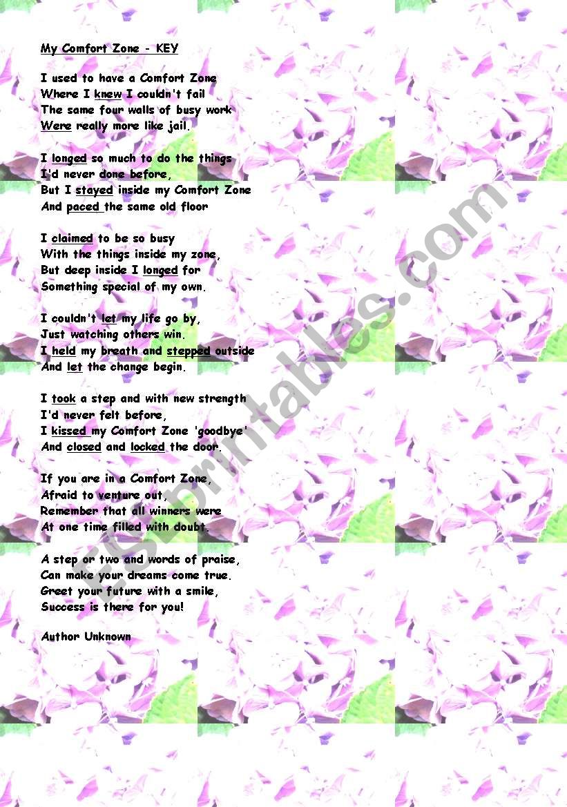 My Comfort Zone A Beautiful Poem The Past Simple Esl