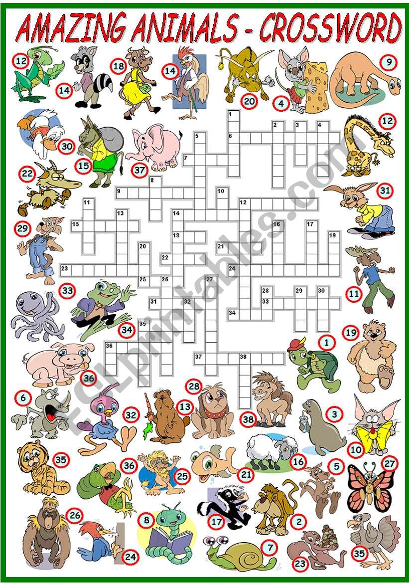 AMAZING ANIMALS - CROSSWORD (KEY AND B&W VERSION INCLUDED)