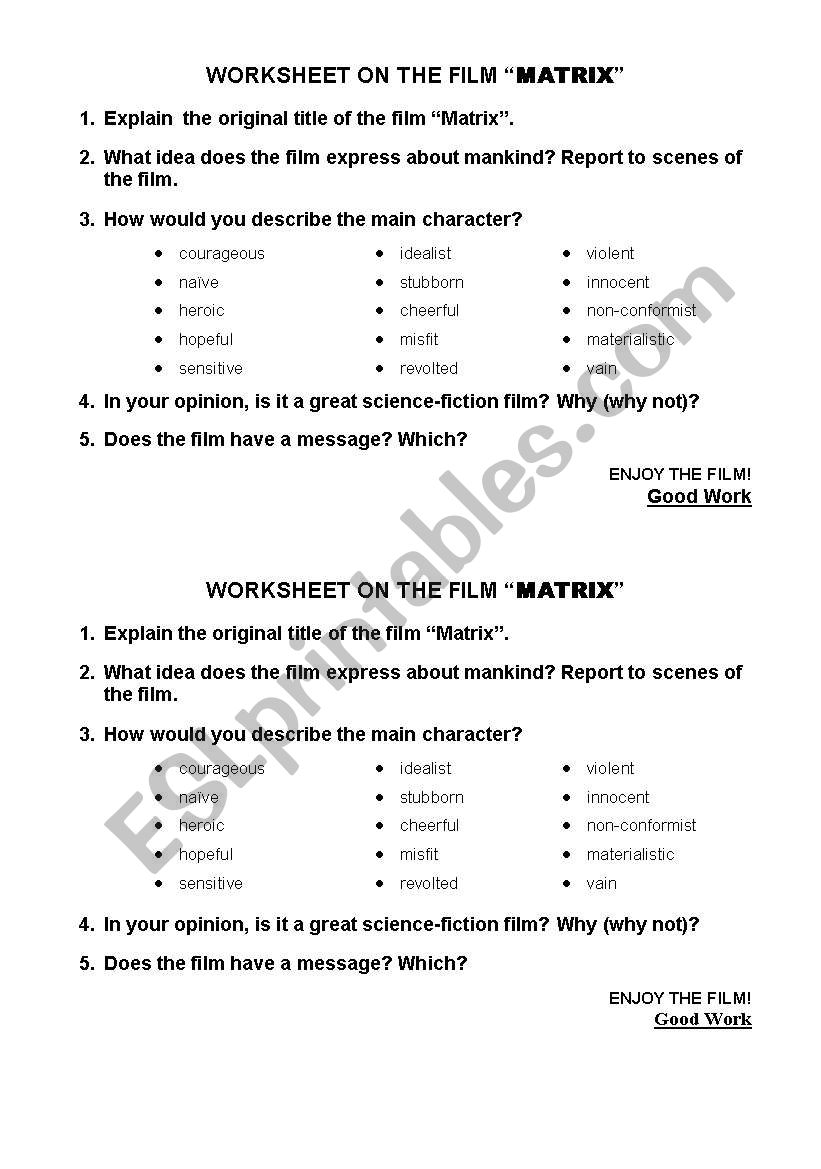 Worksheet on the film Matrix worksheet