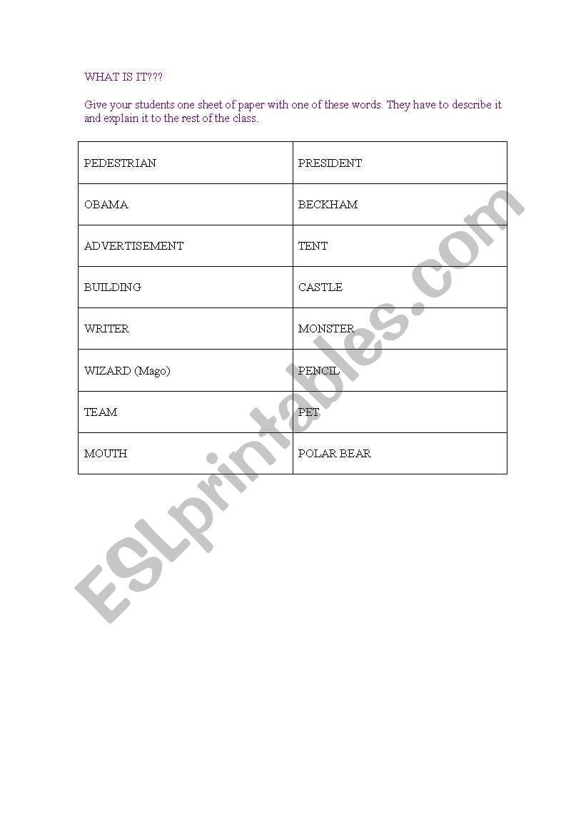 What is it? (defining words) worksheet