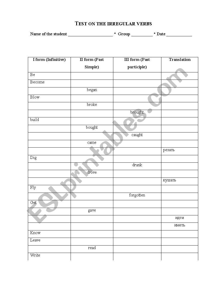 Quick test on irregular verbs worksheet