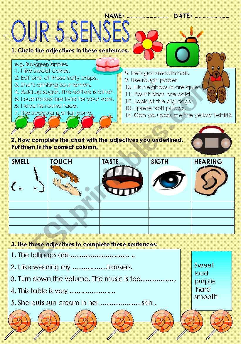 Adjectives of sense. Adjectives circle. Circle the adjectives Worksheets. Verbs of senses Worksheets. Five adjectives