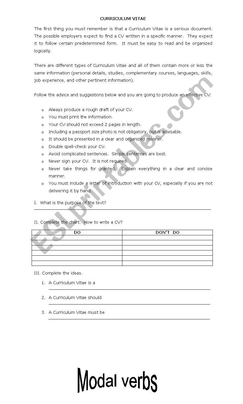 How to write a cv worksheet