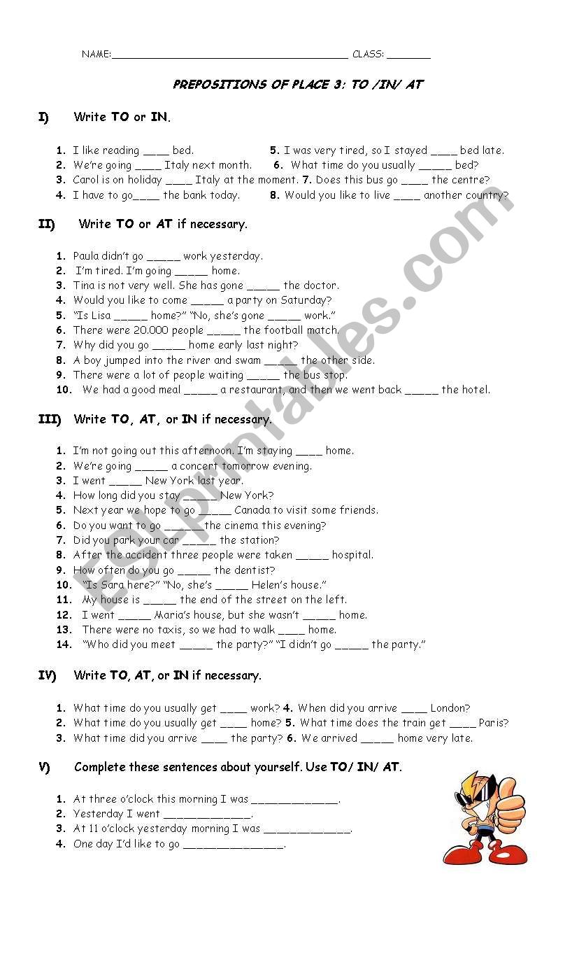Prepositions To / in / at worksheet