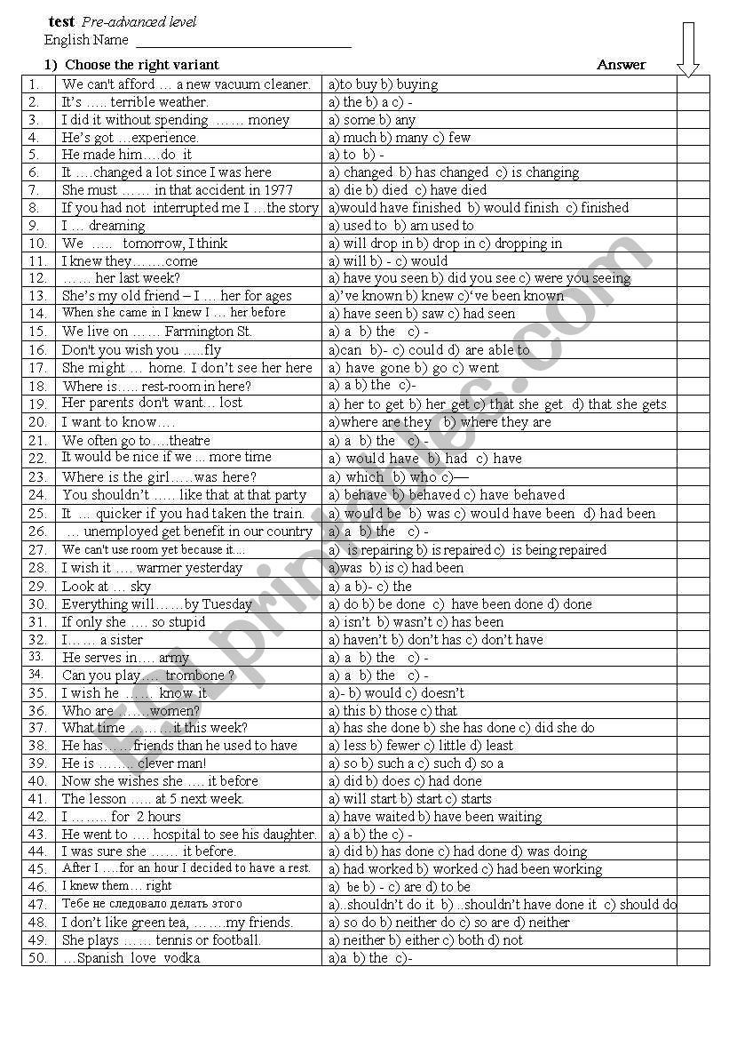 grammar test Pre-Advanced worksheet