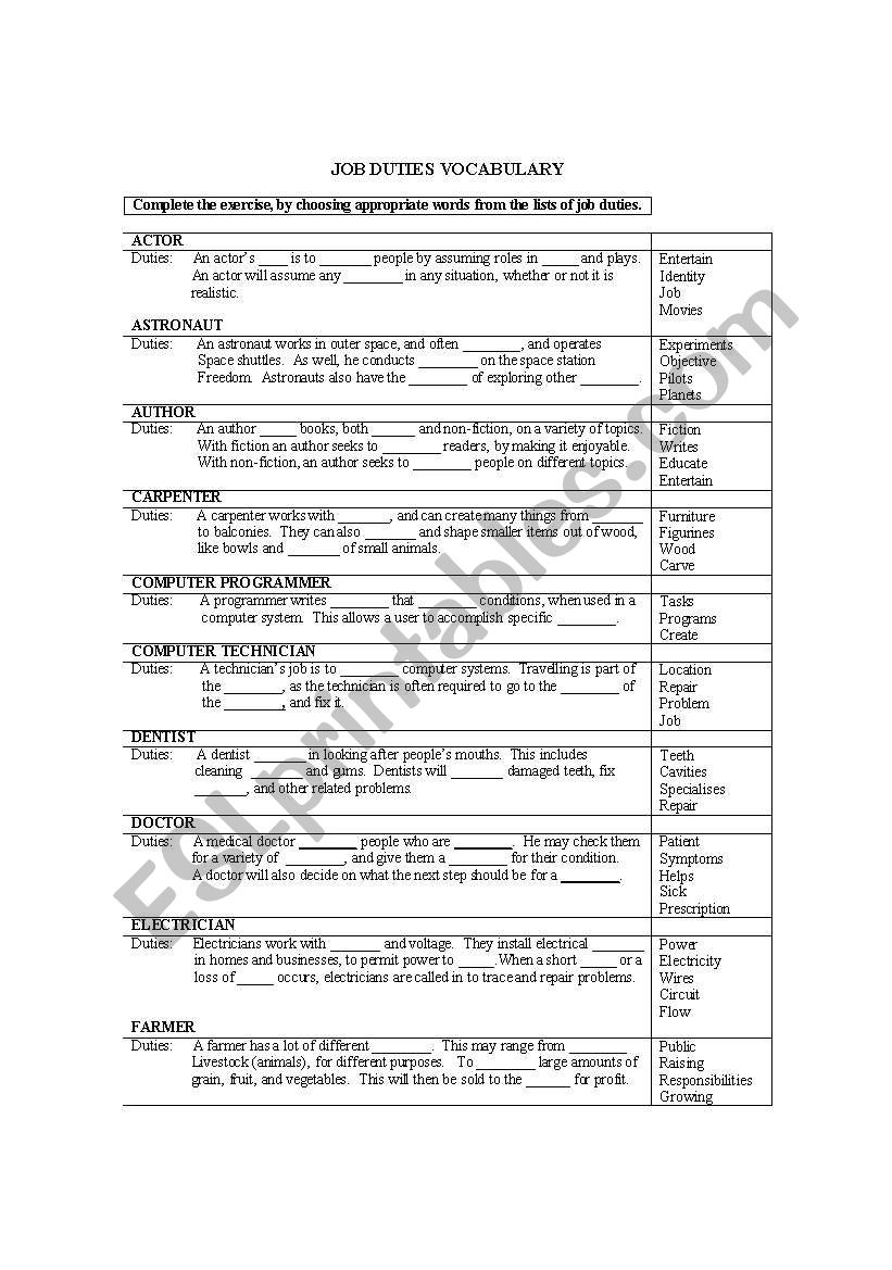 Job duties vocabulary worksheet