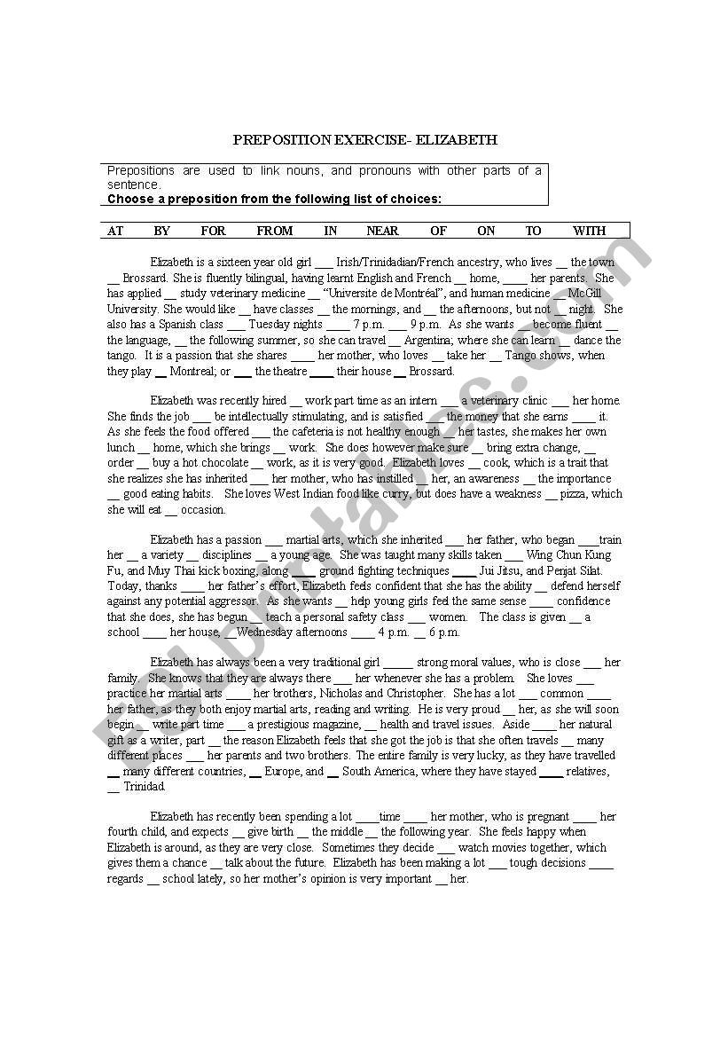 Preposition exercise- Elizabeth (Exercise and answer key)