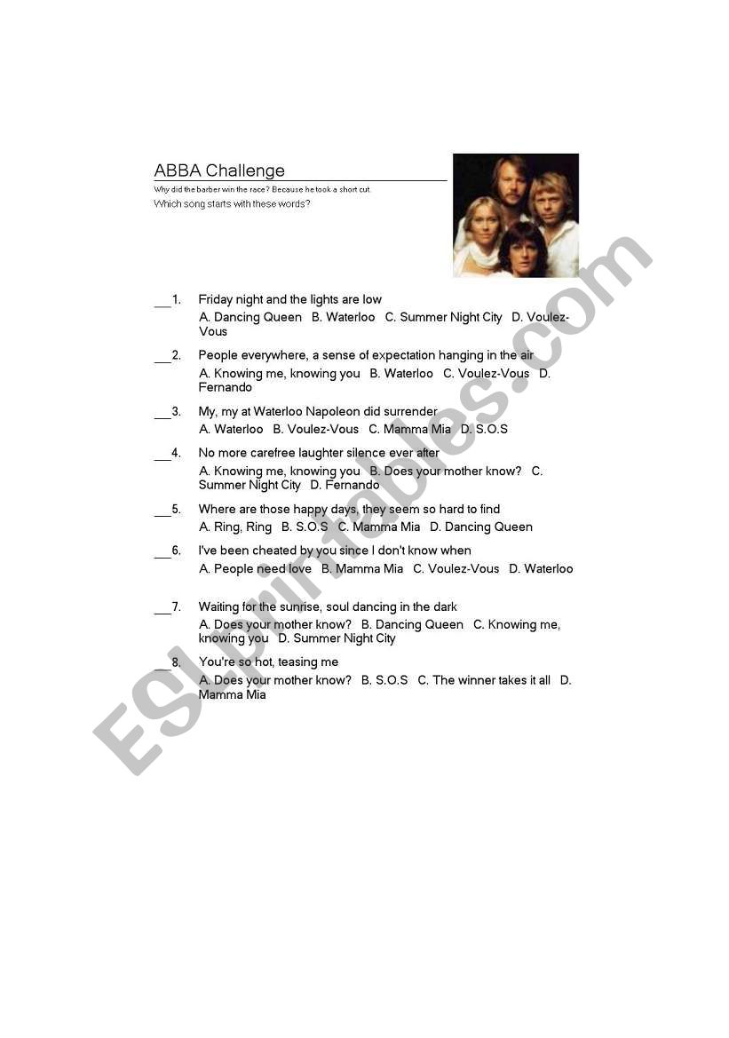 ABBA Challenge worksheet