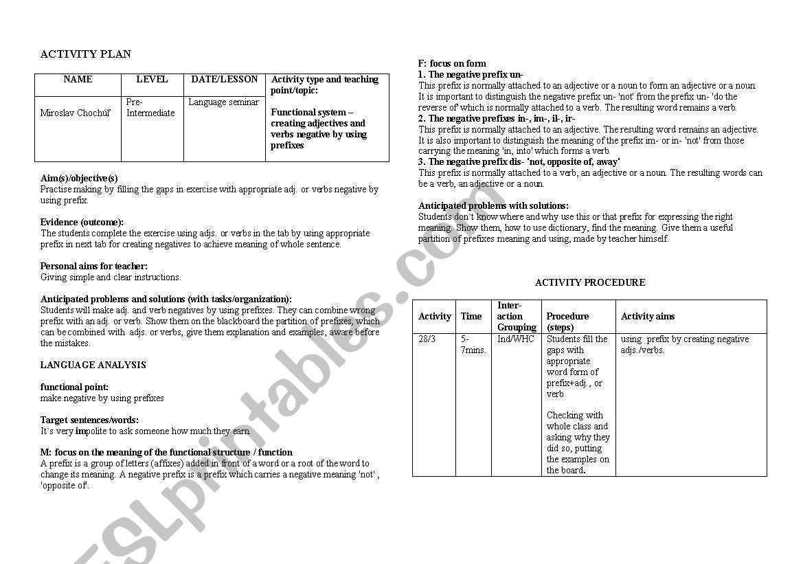 activity plan worksheet