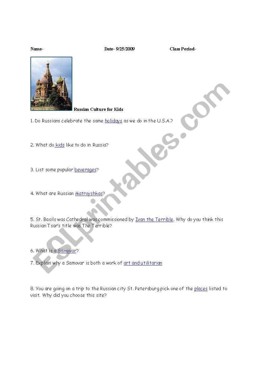 Russia Web Quest worksheet