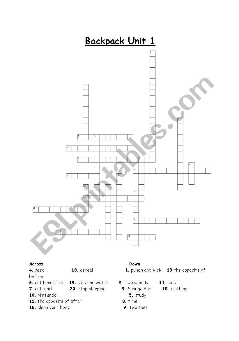 Backpack Unit 1 Crossword worksheet