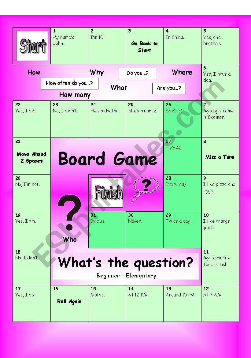 Board Game - What´s the Question? (Easy) - ESL worksheet by PhilipR