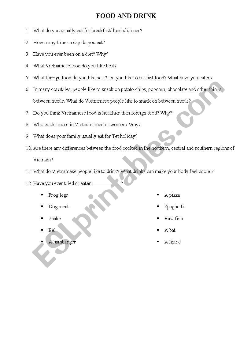 food and drink worksheet