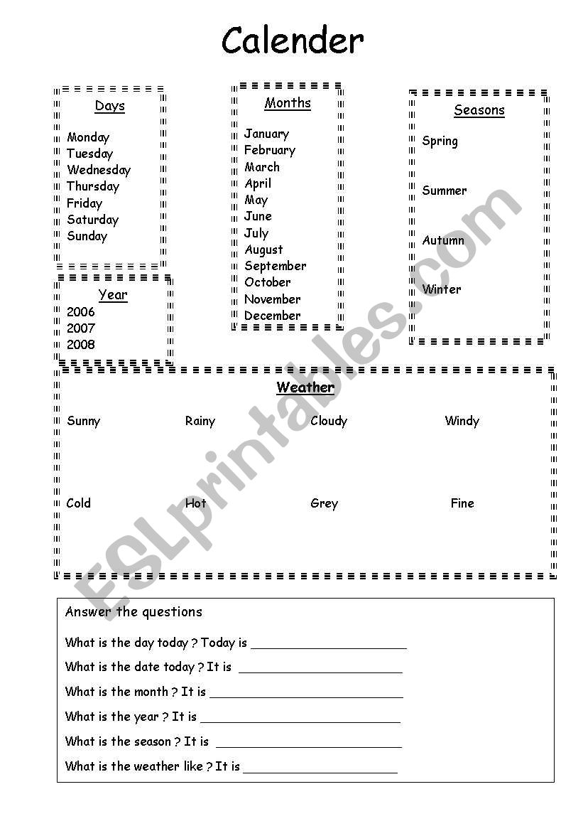 Calender and weather worksheet