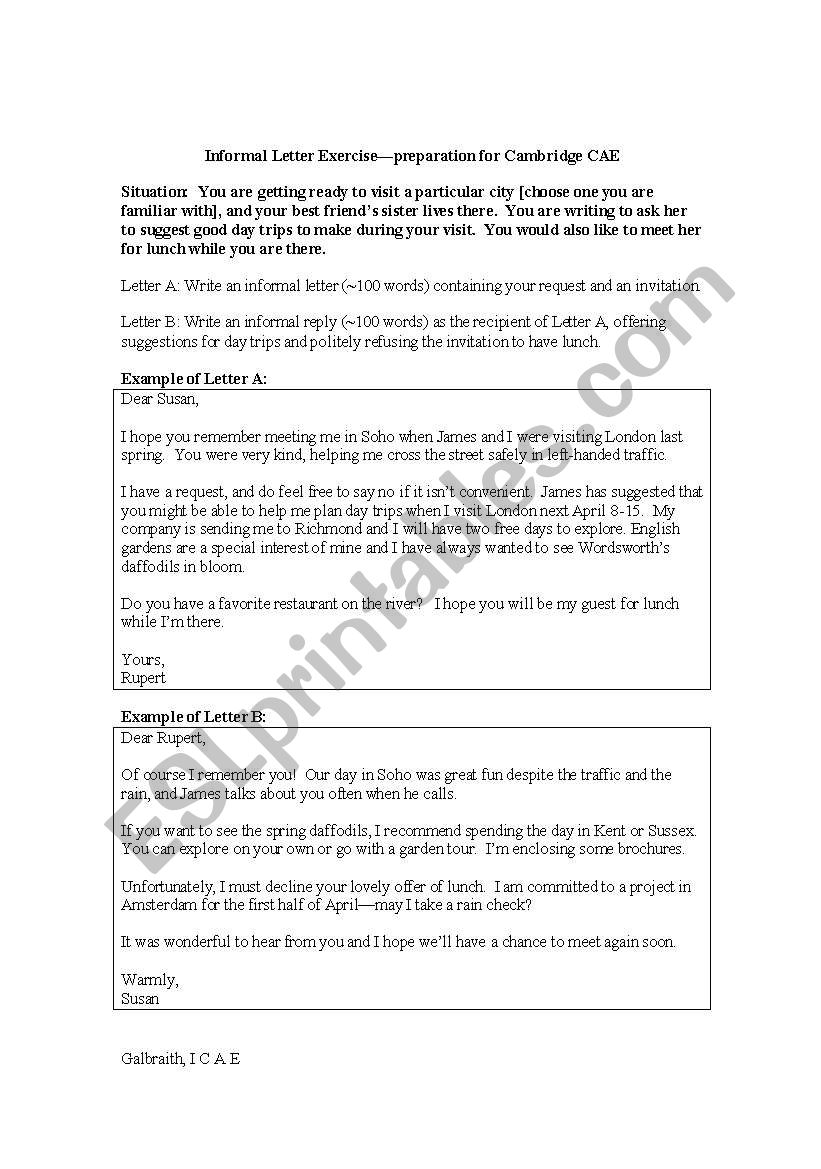 Informal letter exercise--prep for Cambridge Advanced
