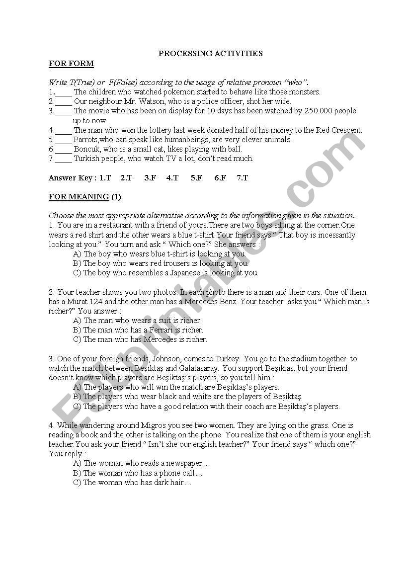 processing activities worksheet