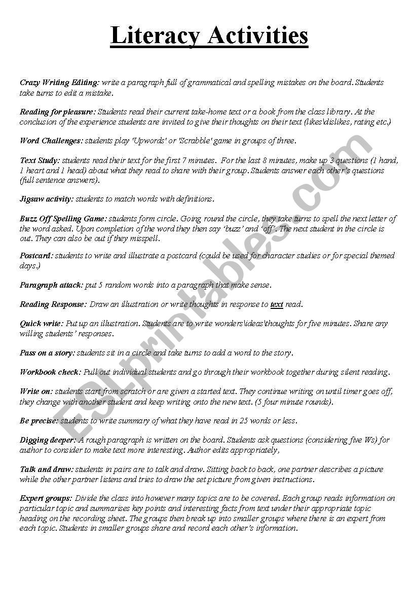 Literacy Activity Ideas worksheet