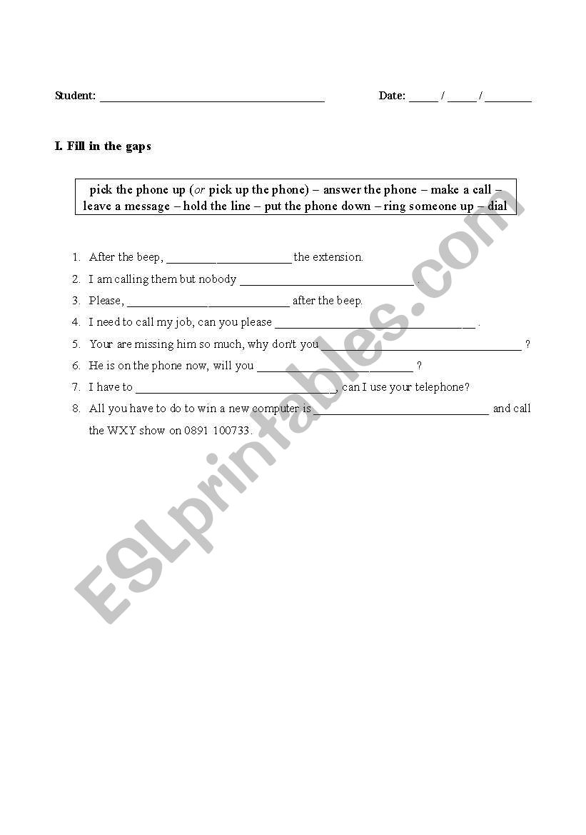 Telephone Vocabulary worksheet