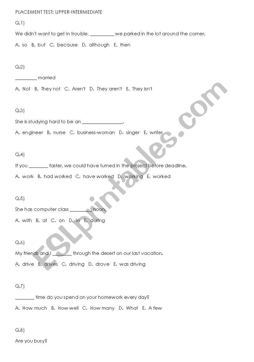 Placement test worksheet