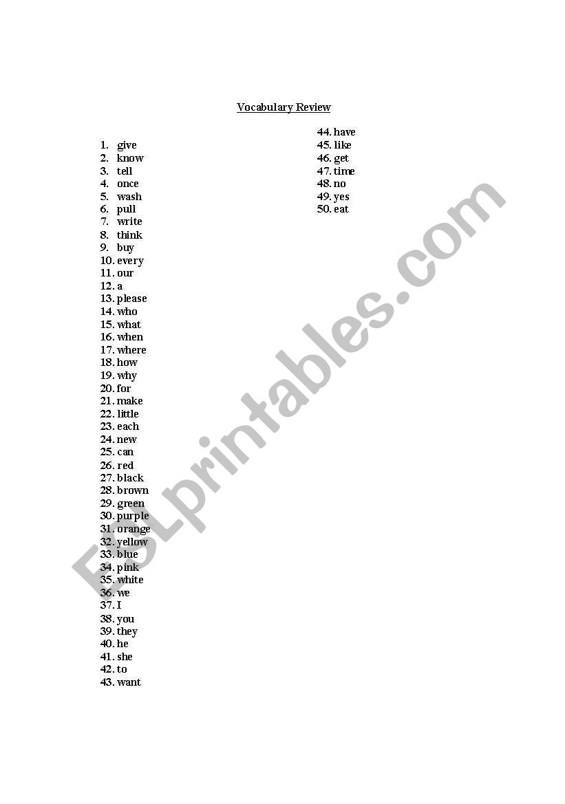 50 Vocabulary Words worksheet