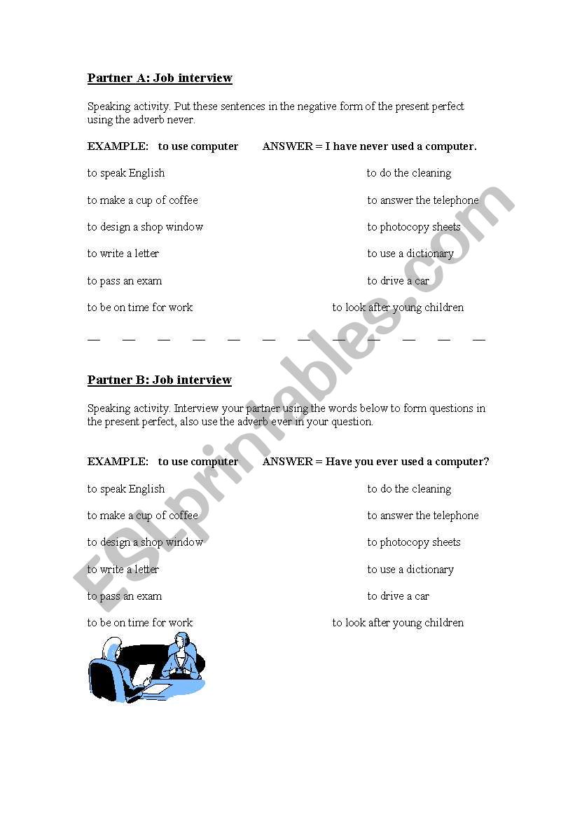 Present Perfect Job intervies worksheet