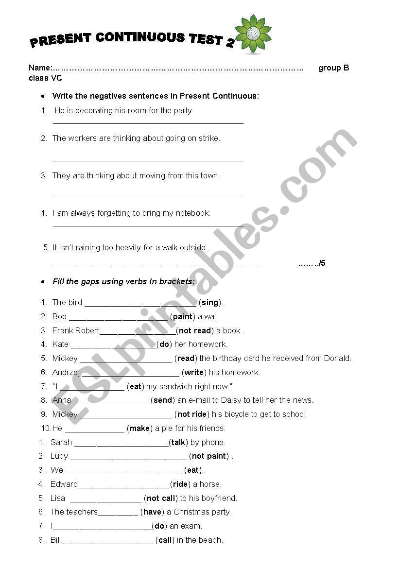 Present Continuous test - negatives, questions, etc