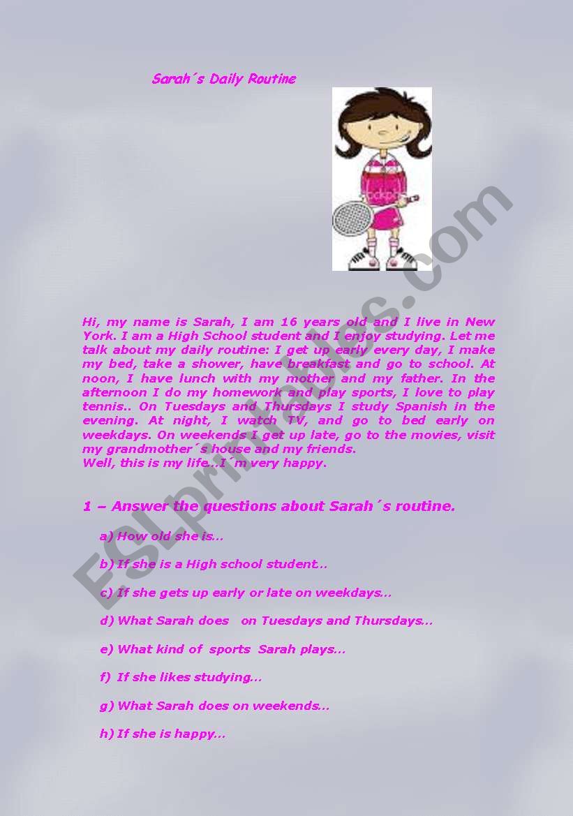 English worksheets: Sarah´s daily routine