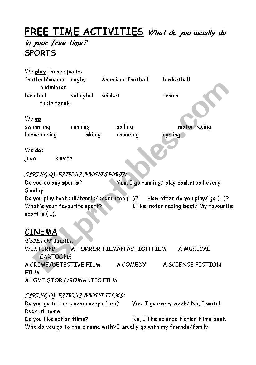 free time activities worksheet