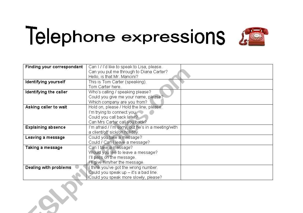 Telephone expressions worksheet
