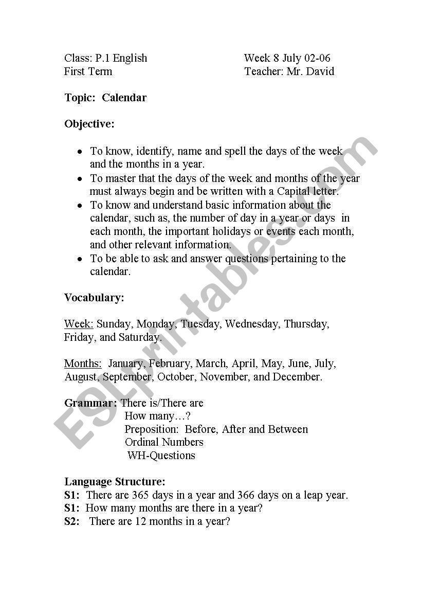 Calendar Lesson plan worksheet