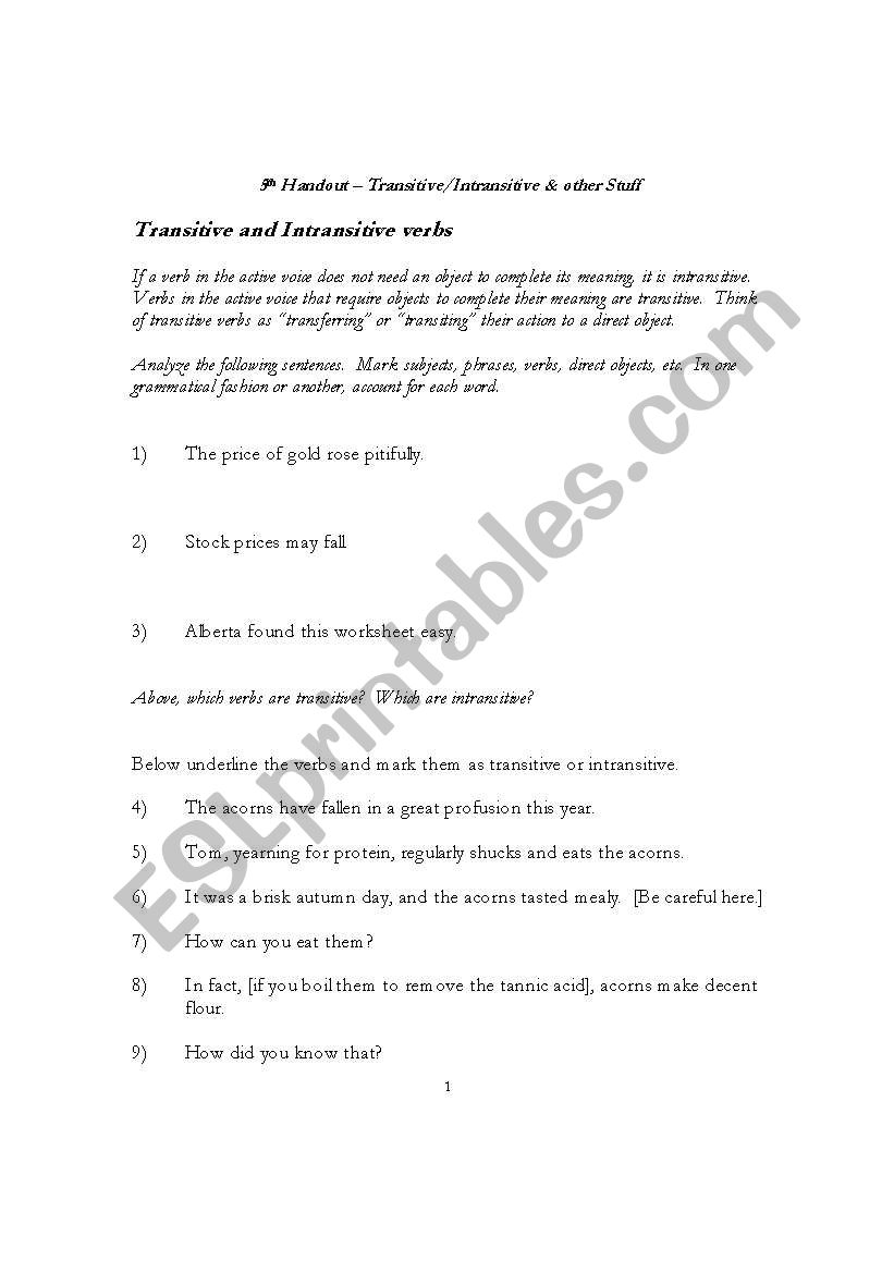 Transitive & intransitive worksheet