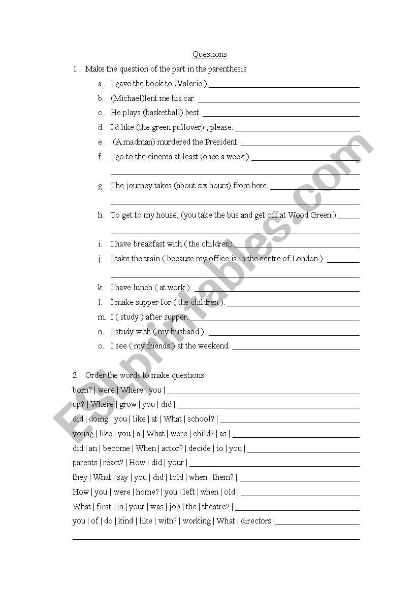 Questions worksheet