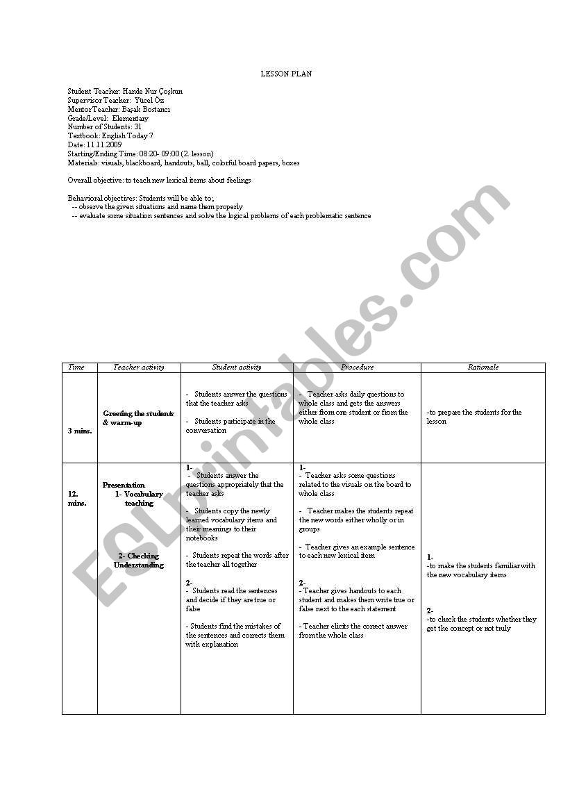 presentation of feelings 1 worksheet