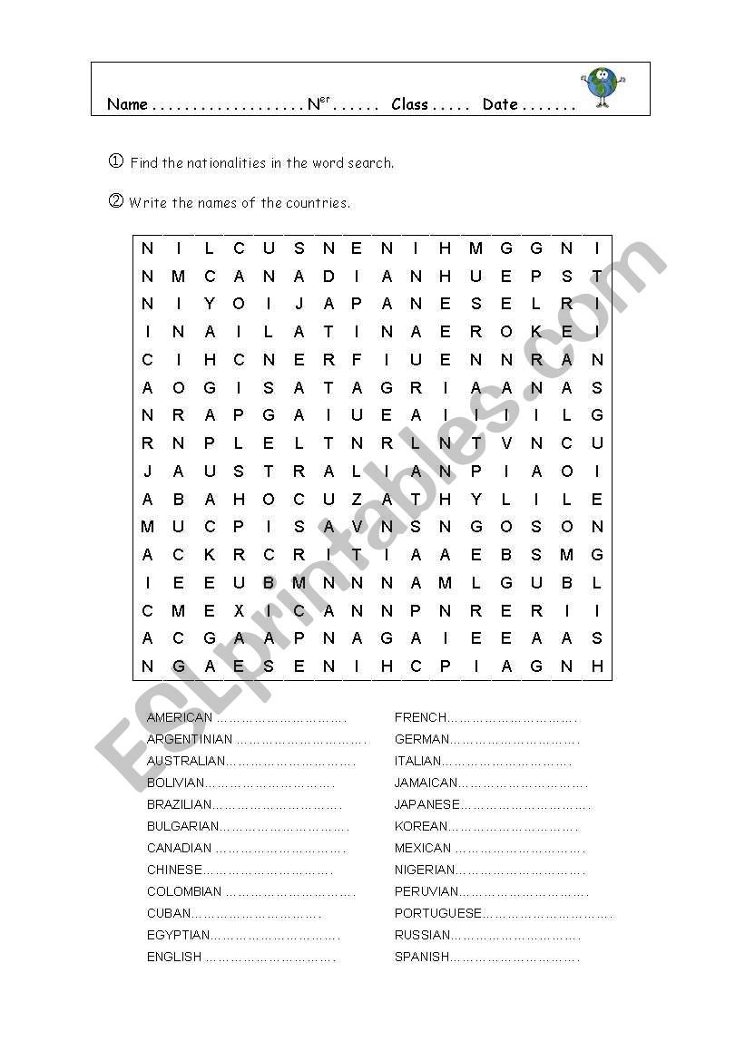 Countries and Nationalities worksheet