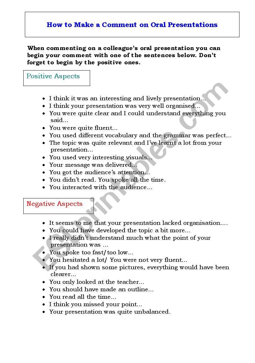 Speaking - Making Comments  worksheet