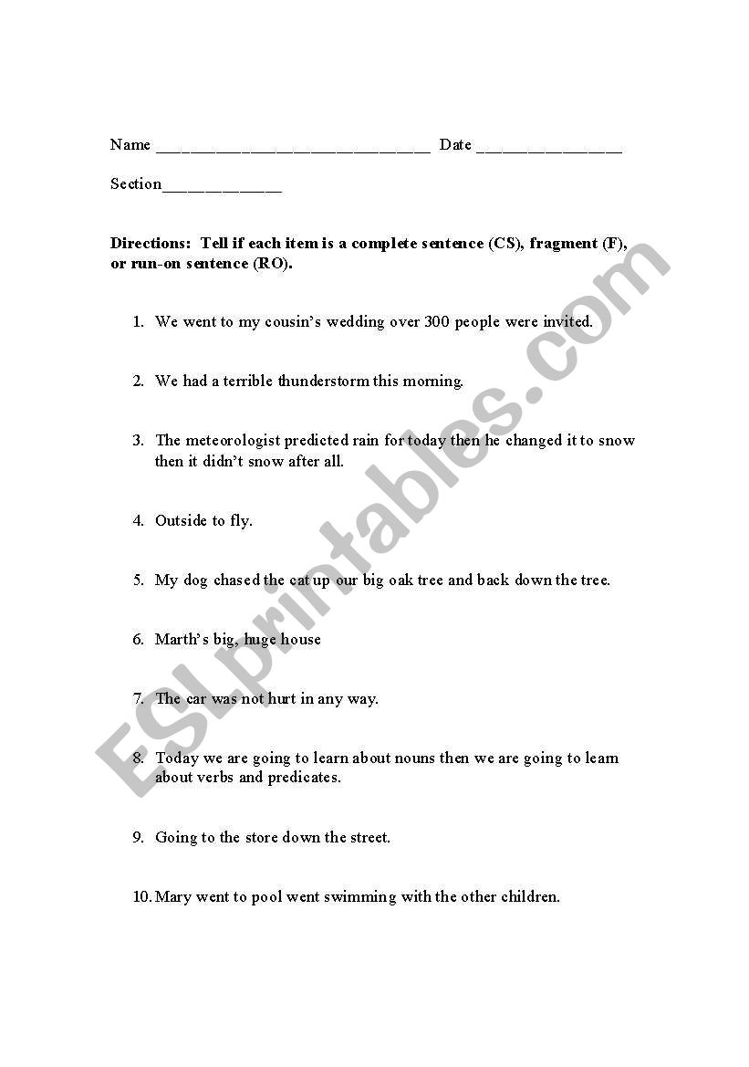 English Worksheets COmplete Sentence FRagments Run ons