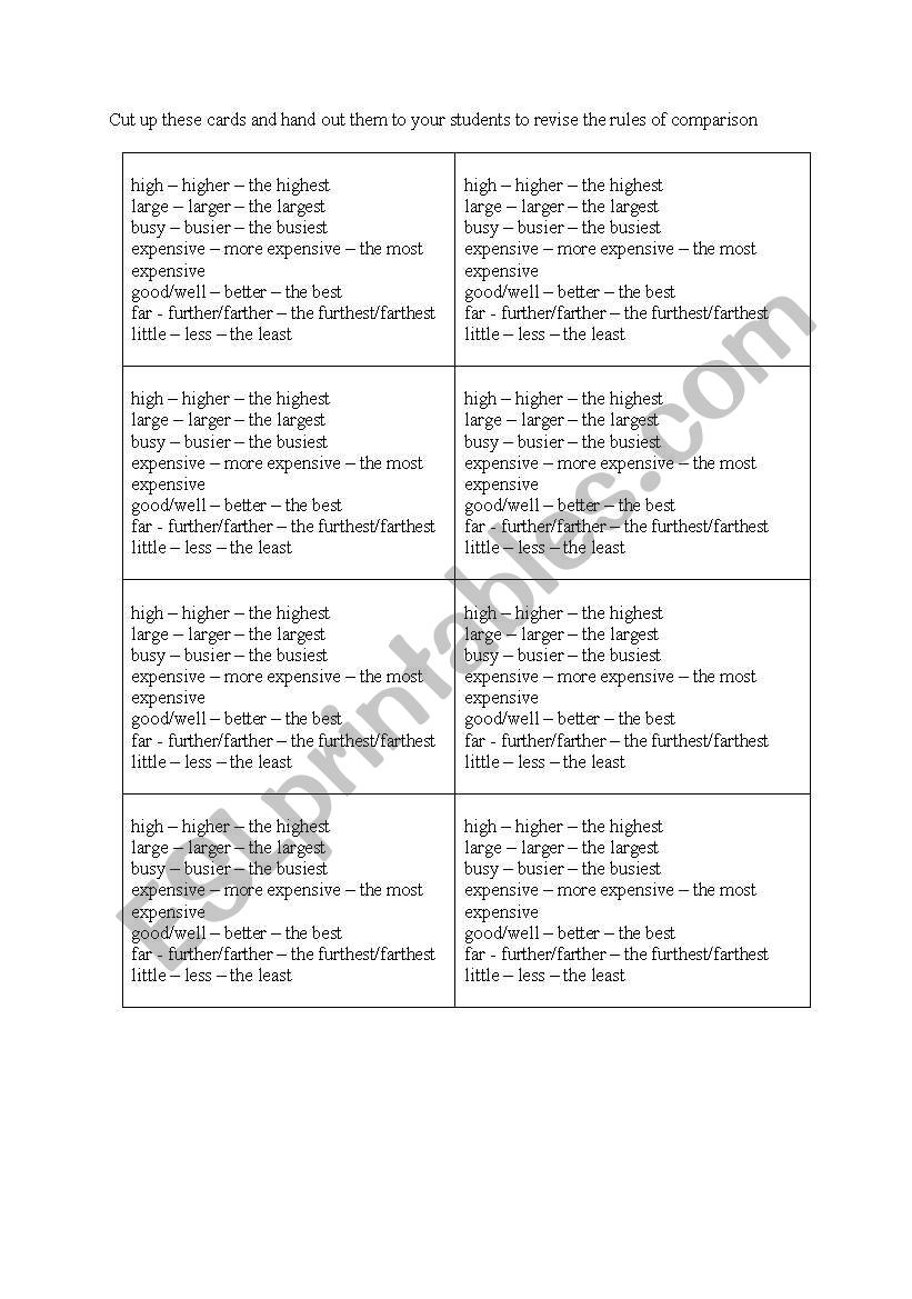 Comparision cards worksheet