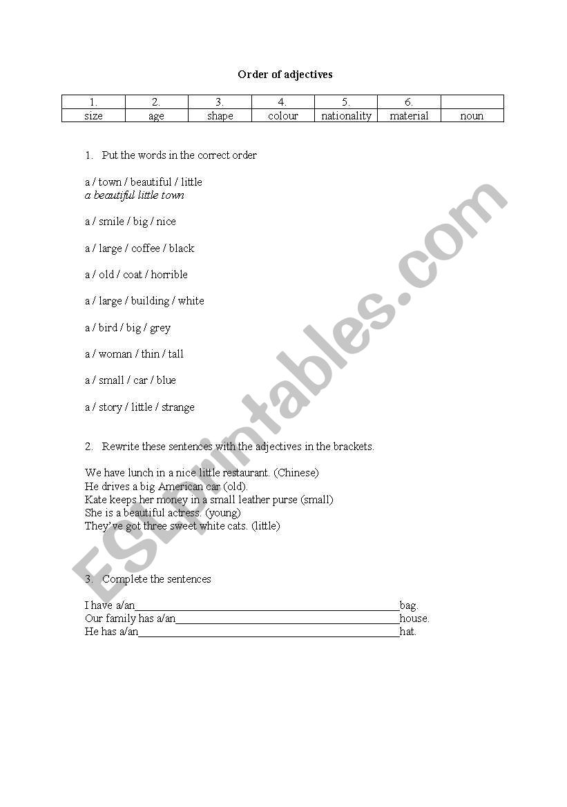 order of adjectives worksheet