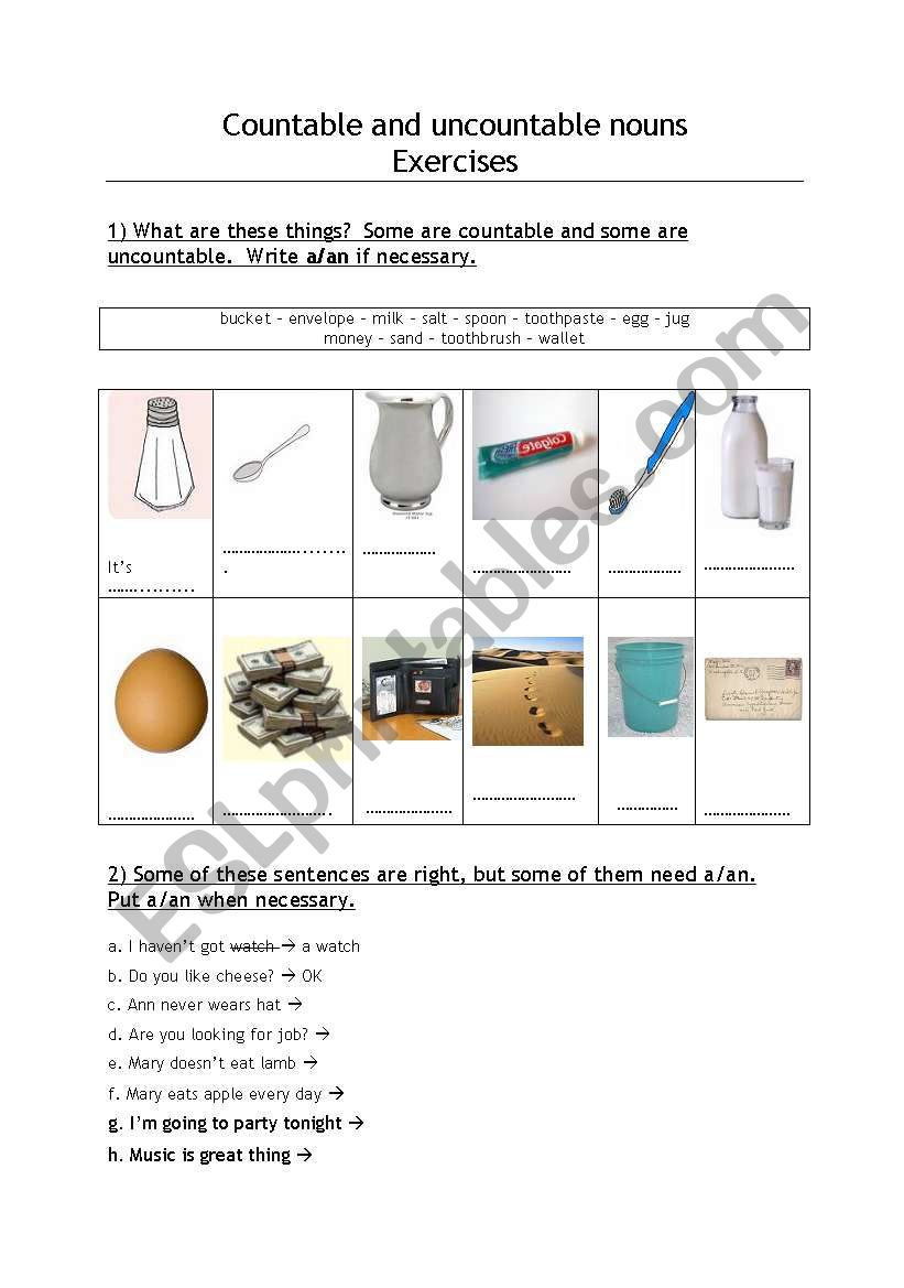 Exercises Countable and uncountable nouns