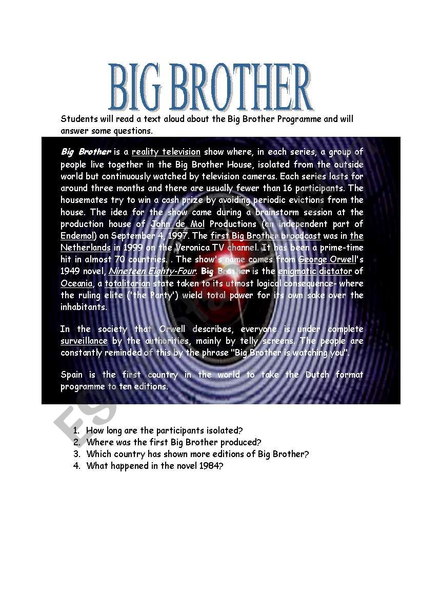 Big Brother! worksheet