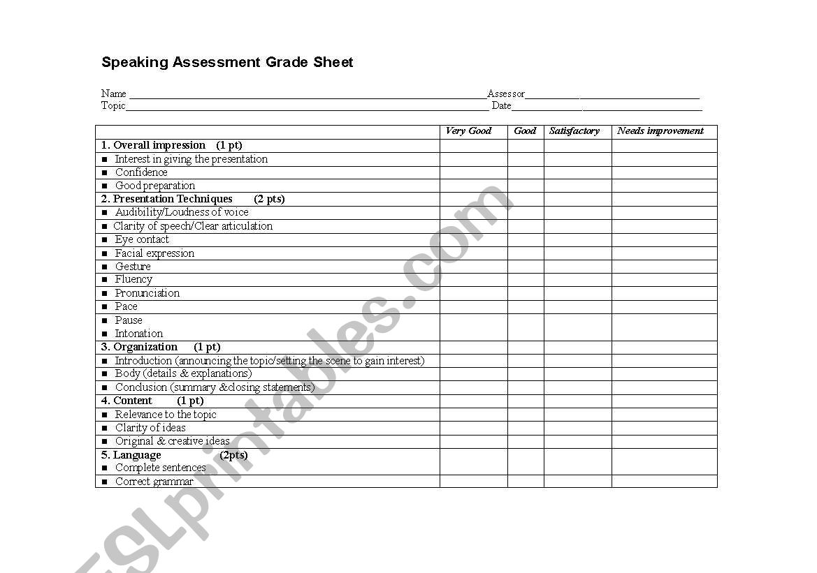 speaking assessment worksheet worksheet