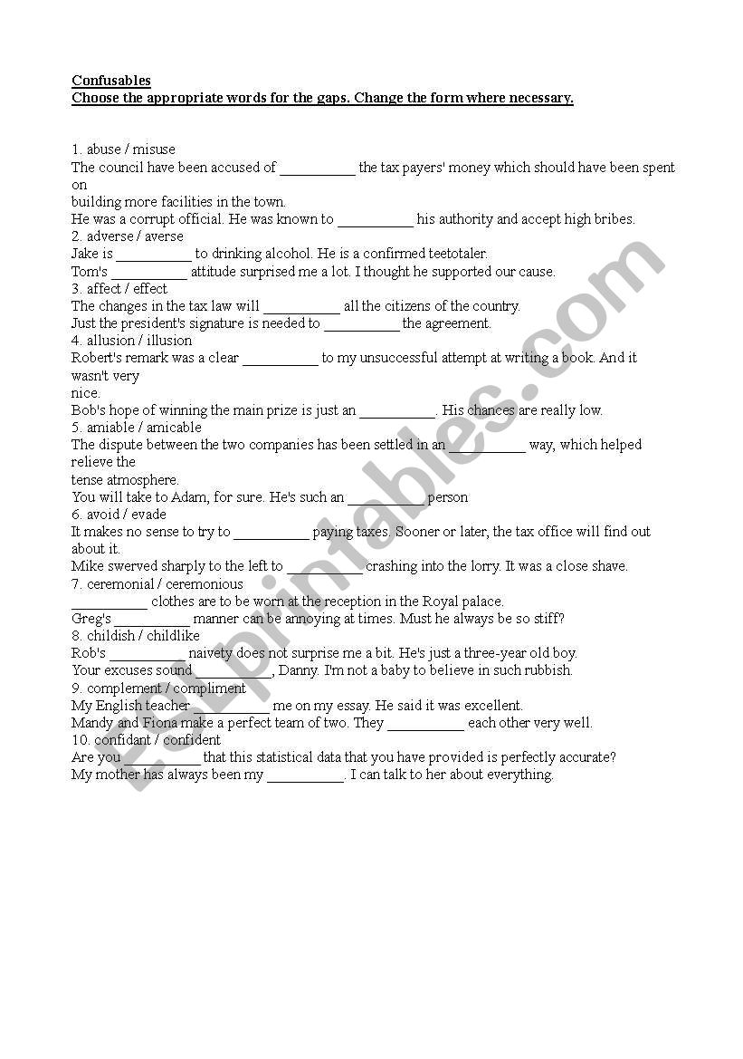 confusing words, confusables worksheet