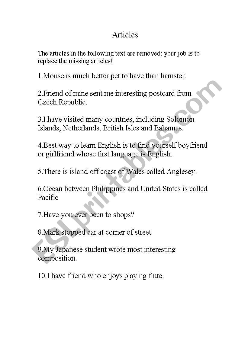 Articles worksheet