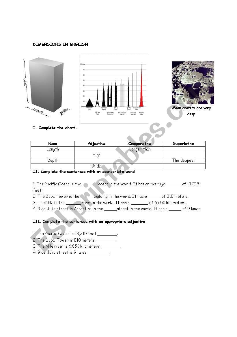 Talking about dimensions worksheet