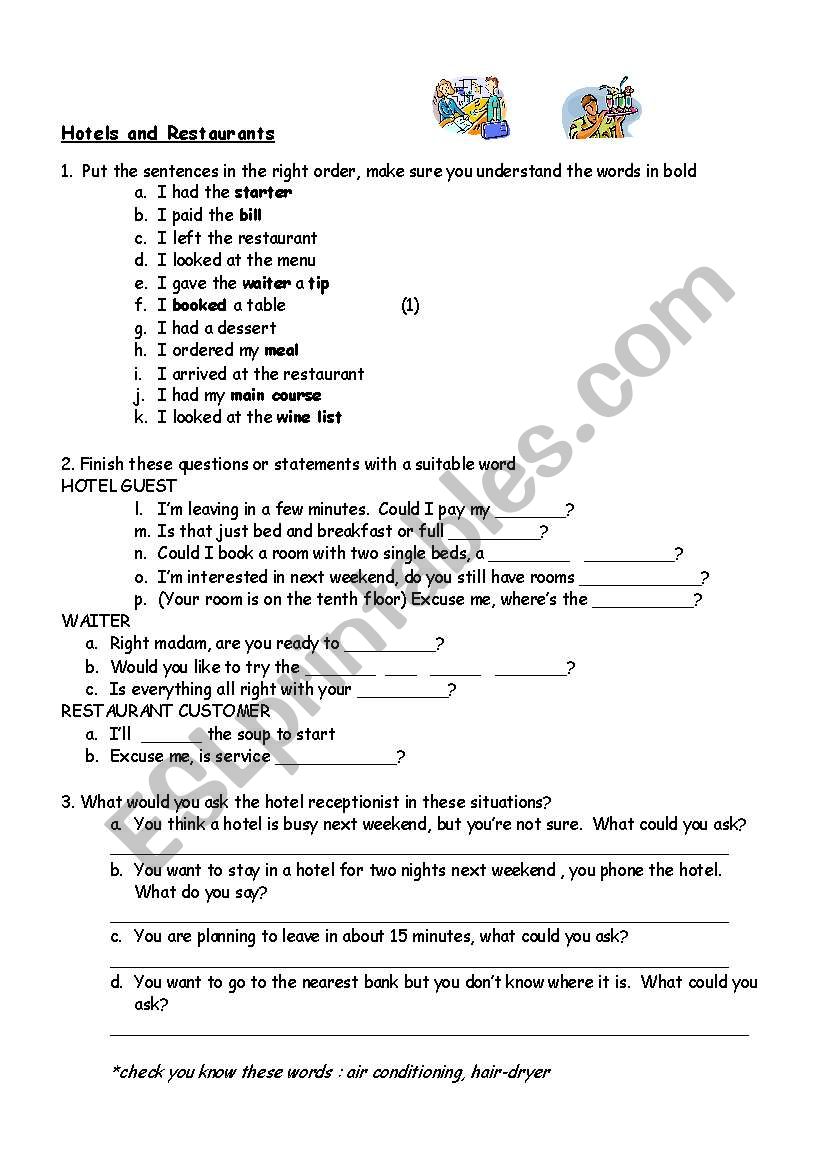 Restaurant and Hotel Vocabulary Worksheet