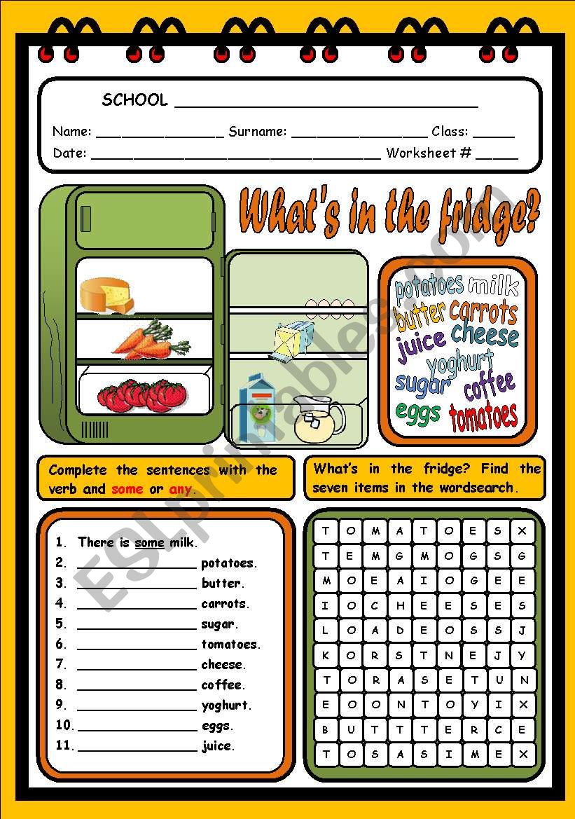 Some any worksheet for kids. Холодильник Worksheet. Задания there is there are food. Some any Fridge. There is there are for Kids food.