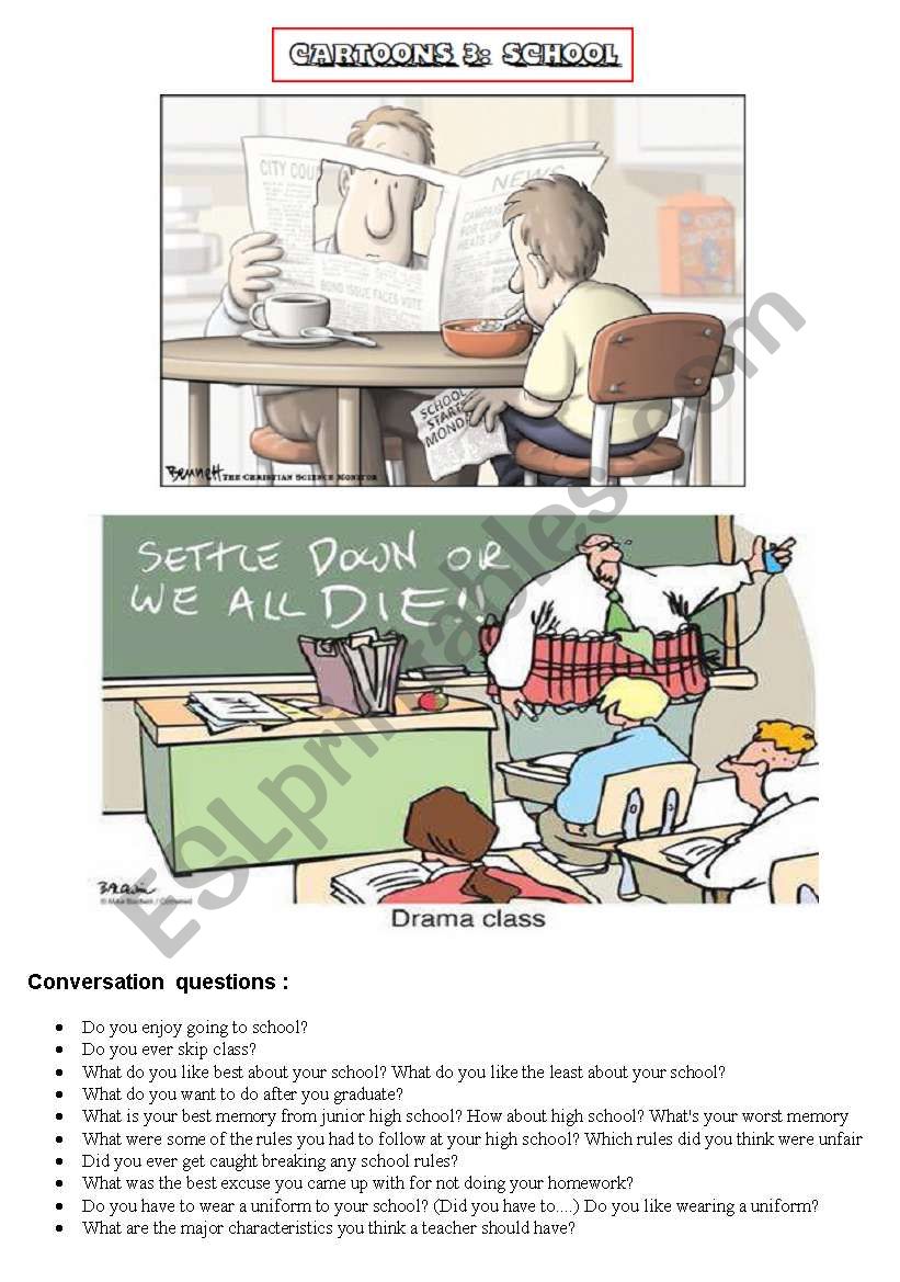 HANDY THEMATIC COLLECTION of cartoons, vocabulary, conversation questions and essay topics Part 3 - SCHOOL