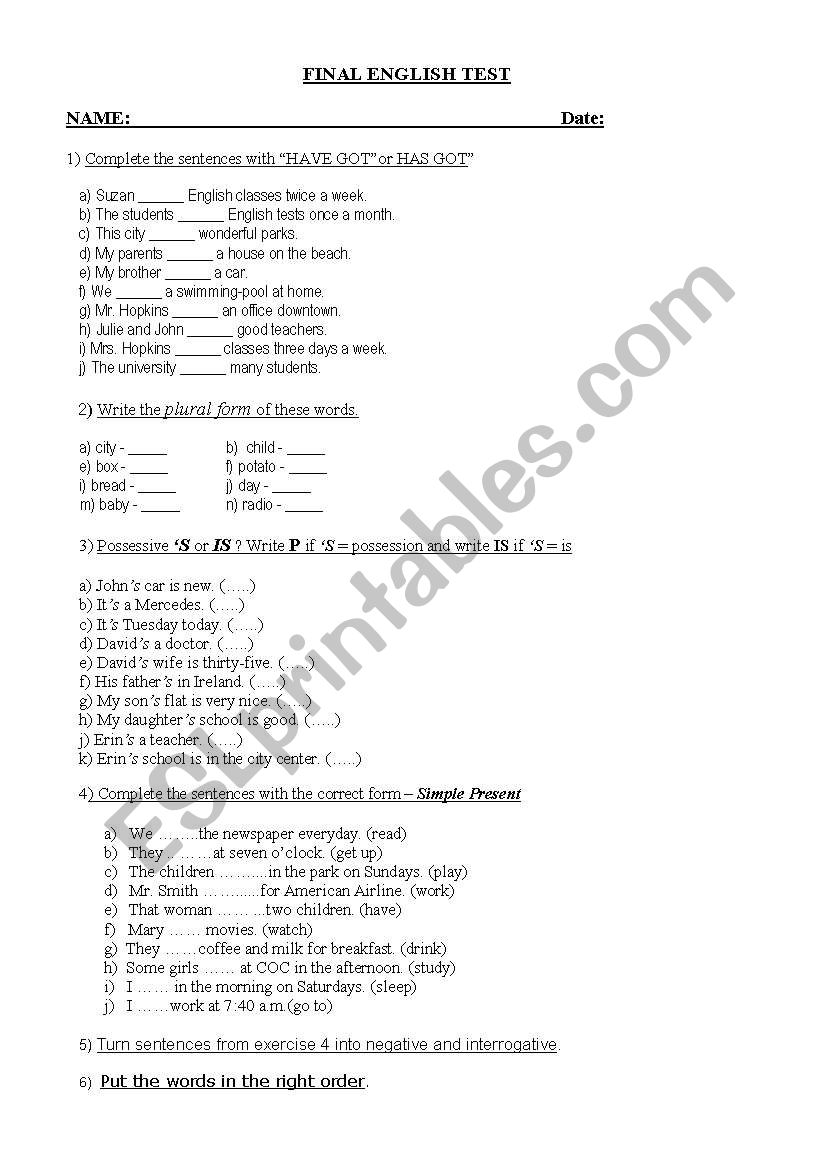 FINAL ENGLISH worksheet